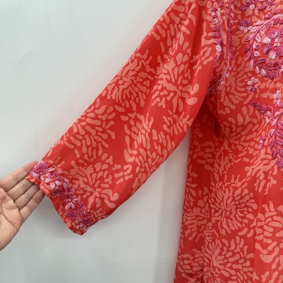 Amaya 100% Silk Embroidered Tunic Top Sz 44 US L Pink Coral Tropical Boho Flowy - Picture 4 of 13